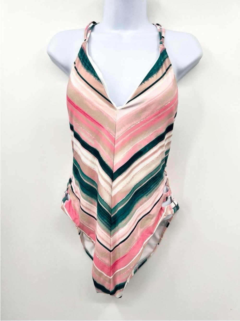 V-Neck Pink & Green Striped One-Piece Swimsuit